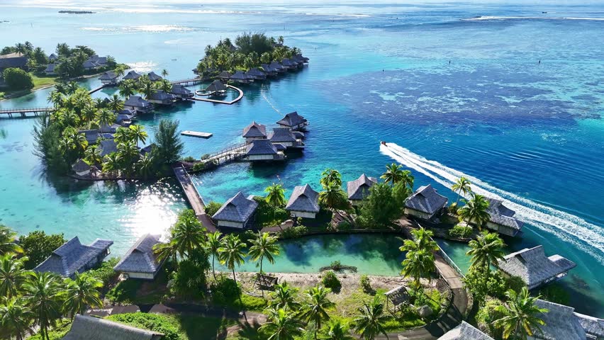 Drone Tahiti. Aerial view of Moorea island lagoon, overwater bungalows in clear ocean water. Luxury honeymoon vacation, romantic getaway. French Polynesia.