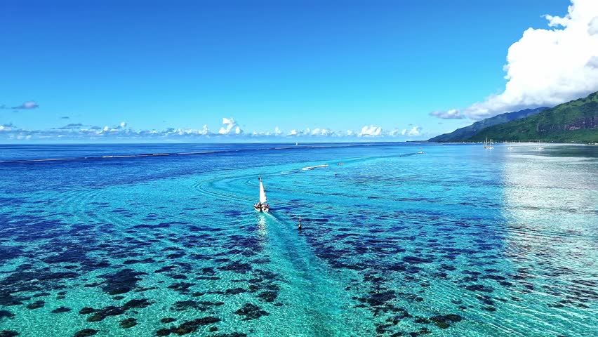 Drone Tahiti. Aerial Moorea island, French Polynesia. Crystal clear water blue lagoon. Exotic travel vacation getaway, romantic honeymoon destination. Famous tourism destination. 