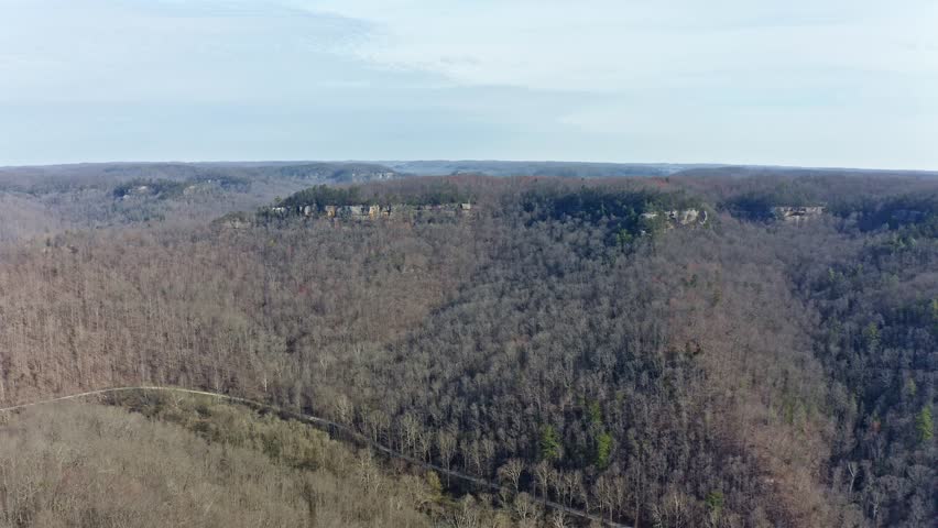 Flying over Courthouse Rock and Auxier Ridge in Red River Gorge geological area in Kentucky