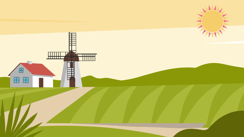 Cartoon Tractor in Countryside Landscape, Harvest season. Cartoon flat animated graphics	