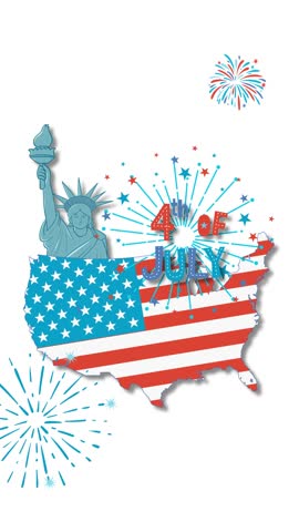 A dynamic animation of the USA map with fireworks and the Statue of Liberty, celebrating Independence Day