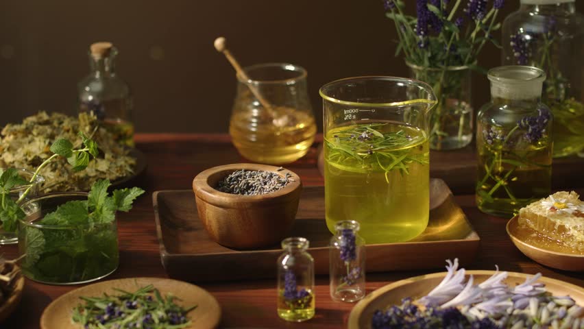A glass jar containing essential oils and leaves on a wooden tray along with a mortar filled with dried lavender buds. A hand uses a long stick to stir the liquid, moving gently in a circular motion.