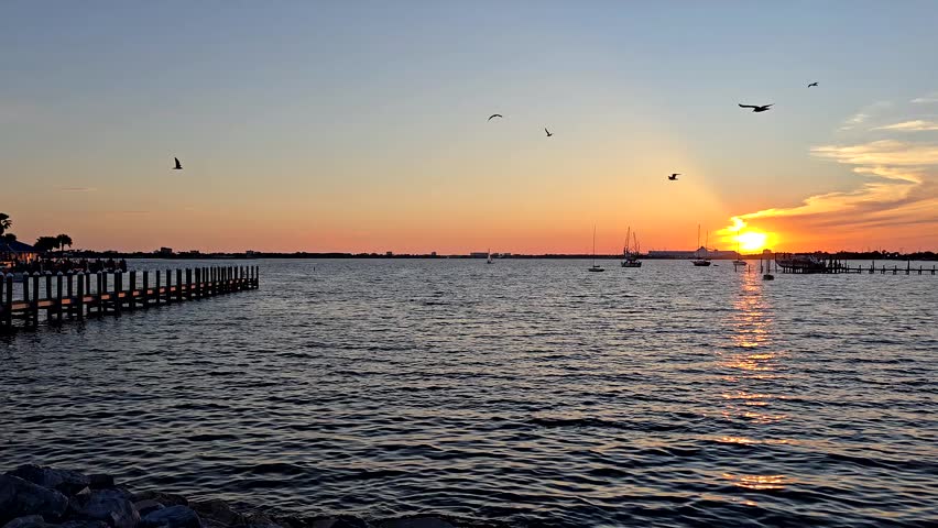 Lovely sunset in the evening over the marina bay. Boats anchored and sailing, as birds fly past, and the sun dips below the horizon, in Panama City, Florida.