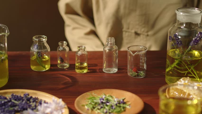 A person took a measuring jug filled with a yellow liquid and poured it into smaller glass bottles. The bottles of essential oils from the scent of flowers are used in massage or herbal health care.