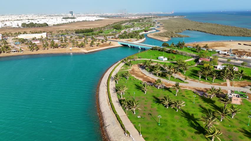 Yanbu, Saudi Arabia - May 20 2025, Aerial view panorama marina and sea front, Yanbu, Saudi Arabia 4k video