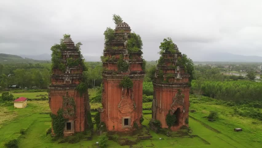 Aerial view of three ancient red brick Cham towers overgrown with vegetation, surrounded by lush green fields and trees