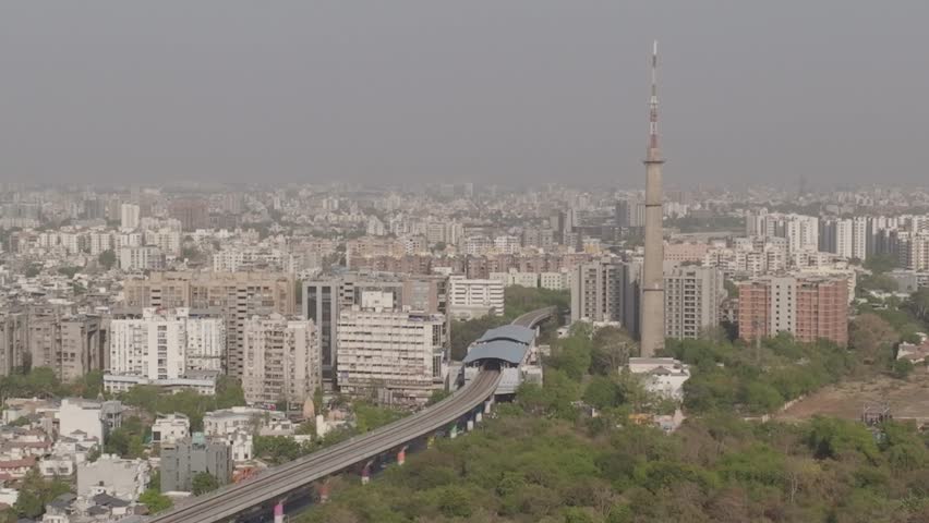 Aerial View Ahmedabad city, historic city in India, largest in the state of Gujarat, located on the western bank of the Sabarmati River, Gujarat India