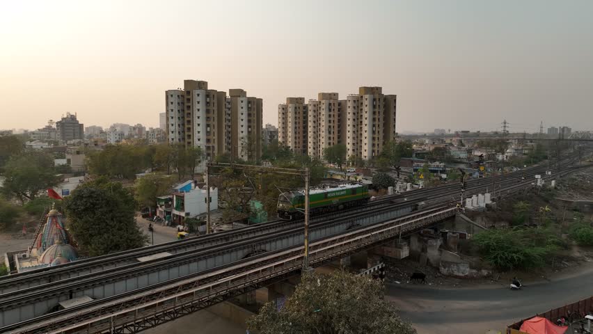 Aerial View Ahmedabad city, historic city in India, largest in the state of Gujarat, located on the western bank of the Sabarmati River, Gujarat India