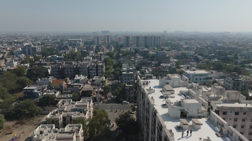 Aerial View Ahmedabad city, historic city in India, largest in the state of Gujarat, located on the western bank of the Sabarmati River, Gujarat India