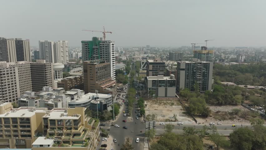 Aerial View Ahmedabad city, historic city in India, largest in the state of Gujarat, located on the western bank of the Sabarmati River, Gujarat India