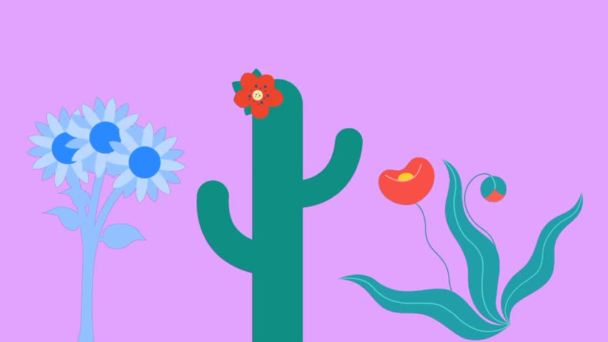 cartoon style flower illustrations. There are blue sunflowers, cacti with red flowers, and red poppies. The background is light purple.
