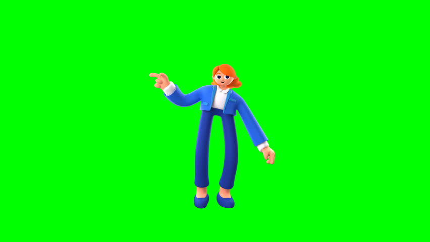 3D green screen animation of Fiona, a stylish woman character confidently pointing forward. Perfect for digital assets, presentations, or explainer content.