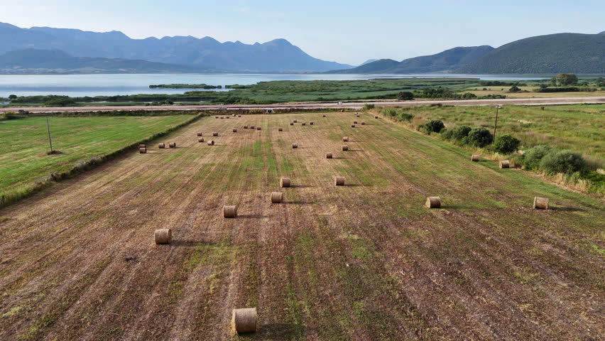 Aerial clip of farm field with harvested bales of hay.