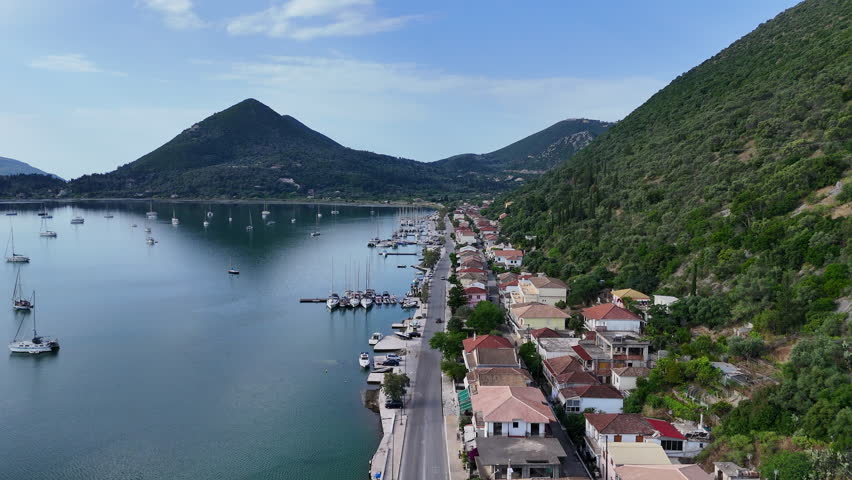 Aerial view of a Greek island seaside village settlement.