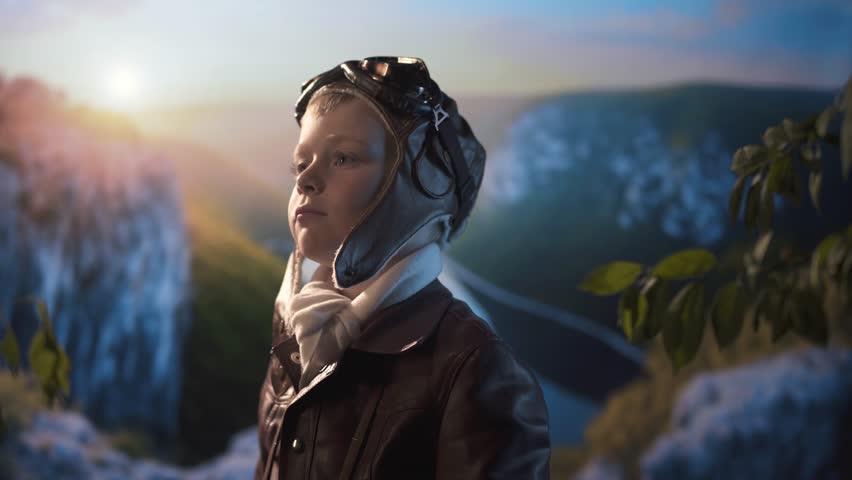 Little boy dressed as old pilot looking through binoculars standing on edge of cliff over river valley during sunset.