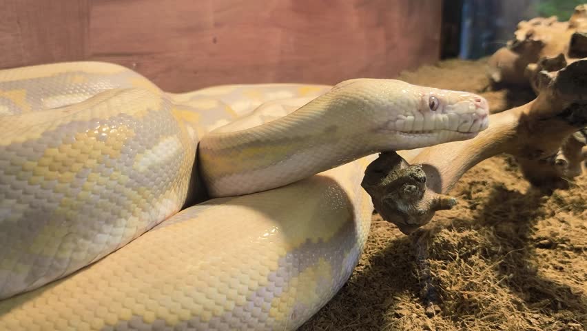 The yellow and white Burmese python (Python Bivittatus) has beautiful. Close-up of a coiled white albino python resting on a brown bedding in a terrarium.