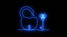Abstract open, unlocked Padlock and key,  Self drawing animation one continuous line draw, logo. Blazing  flame, energy, fire on black background. neon blue luminous sign - Powered by Shutterstock - Get 15% off with code: PIKWIZARD15