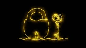 Abstract closed, locked Padlock and key,  Self drawing animation one continuous line draw, logo. Blazing  flame, energy, fire on black background. neon yellow luminous sign - Powered by Shutterstock - Get 15% off with code: PIKWIZARD15