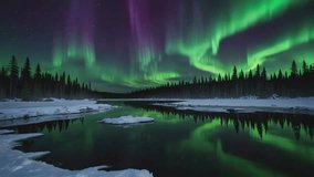 a stunning view of the Aurora Borealis (Northern Lights) dancing across the night sky, reflecting bright greens and purples on the calm water surface. - Powered by Shutterstock - Get 15% off with code: PIKWIZARD15