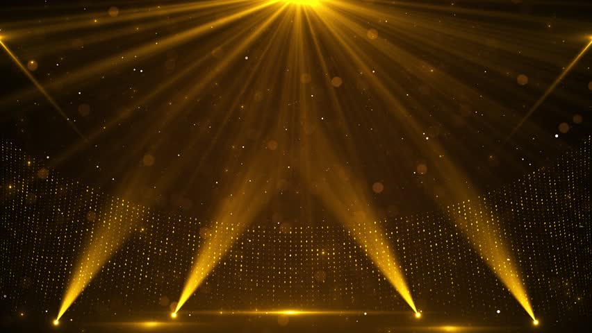 3D Golden spotlight lines glitter Particle, luxury awards ceremony background, Oscar awards performance Award party stage stage glitter animation. stars, lights and particles. Luxury gold light streak