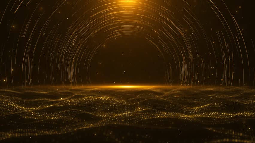 Podium background arch. blinking light gold bokeh, stage for product, 4k abstract luxury background. shining golden floor particles stars dust. Futuristic glittering movement flickering loop in space