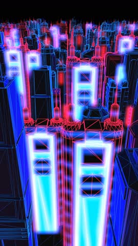 Geometric laser cityscape. Seamless vertical video neon retro futuristic animation with shallow depth of field.