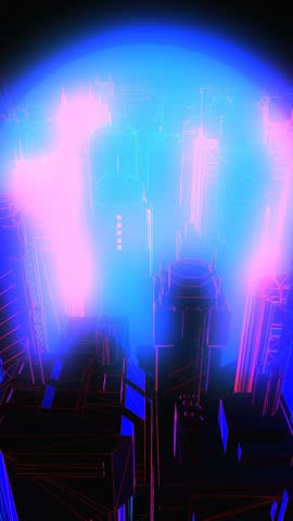 Geometric laser cityscape. Seamless vertical video neon retro futuristic animation with shallow depth of field.