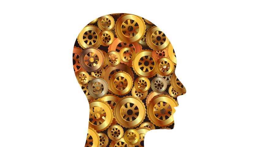 Complex technology thinking machine Head with golden gears cogs animated working rotate inside black background symbol of AI and robotic