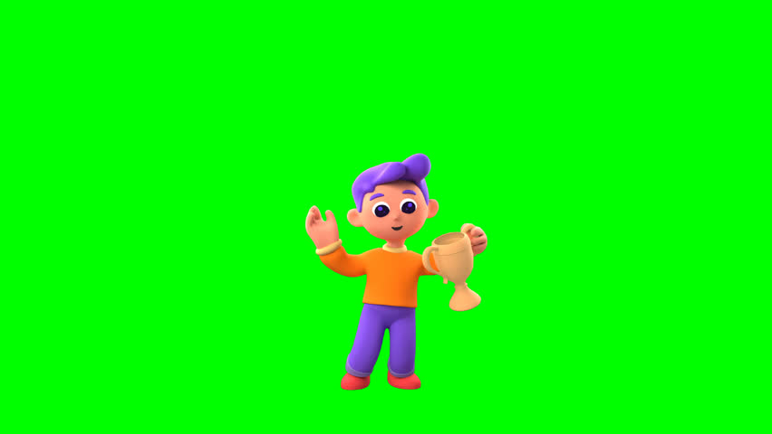 3D animation of Luca, a cheerful boy, catching a trophy with excitement on green screen. Perfect for success, victory, or award-themed digital assets.