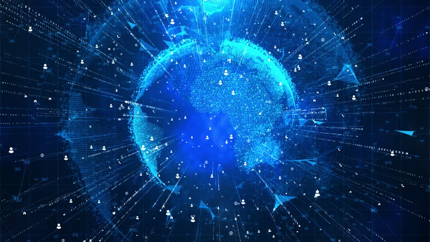 Futuristic planet Earth hologram cyberspace. World map of glowing dots HUD Big data circles background binary code. Global system. Global network blockchain connection. Earth globe. 3D Illustration