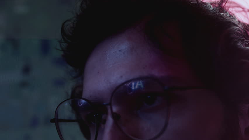 Portrait of man with glasses looks at an AI monitor, the result of artificial intelligence research. Face of male sees a 3D model of a neural network, a vr image. Virtual reality reflection