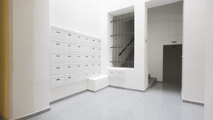 Mailboxes in the entry hall of an apartment building