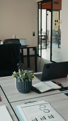 No people vertical shot of neat workplace with office desk, laptop, documents, indoor plant in pot and other digital devices, beige walls, modern coworking space