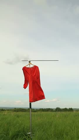 Bright red dress hangs on a pole in a lush green field, fluttering in the gentle breeze. The open landscape and cloudy sky. Summer mood.
