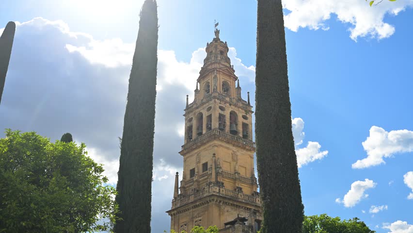 footage showcasing the majestic minaret of the Mosque-Cathedral of Córdoba, Spain.