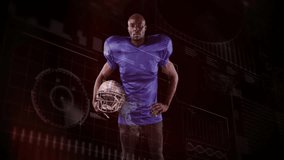 football player holding helmet in dark studio while camera panning revealing performance charts. Athlete, innovation, futuristic, technology, sports, analytics, competition - Powered by Shutterstock - Get 15% off with code: PIKWIZARD15
