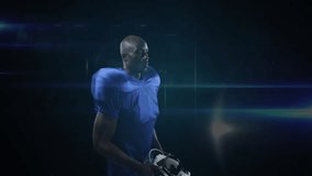 Male athlete lifting helmet onto head as nodes expanding around him for sports technology boost. Athlete, sports, innovation, technology, performance, digital, fusion - Powered by Shutterstock - Get 15% off with code: PIKWIZARD15