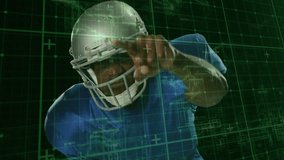 Football player pressing visor and tracing digital grid while scanning HUD for training feedback. Athlete, sports, digital, technology, interface, simulation, training - Powered by Shutterstock - Get 15% off with code: PIKWIZARD15