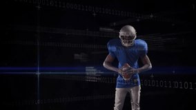 Football player entering arena adjusting helmet gearing for game, binary code boosting sports tech. Technology, sports, futurism, agility, competition, digital, athleticism - Powered by Shutterstock - Get 15% off with code: PIKWIZARD15