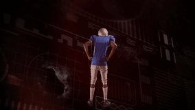 Football player scanning tech HUD while shifting stance and extending arms into T and V shapes. Futuristic, digital, sports, technology, analytics, innovation, performance - Powered by Shutterstock - Get 15% off with code: PIKWIZARD15