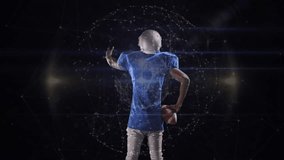 Football player lifting left arm toward holographic network to activate sports technology data. Athlete, technology, futurism, digital, visualization, innovation, virtual - Powered by Shutterstock - Get 15% off with code: PIKWIZARD15