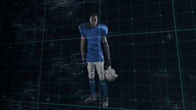 Football player holding helmet and shifting stance, saluting over teal grid for kickoff. Athlete, sports, digital, futuristic, discipline, strength, motion - Powered by Shutterstock - Get 15% off with code: PIKWIZARD15