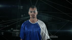 network lines pulsing around athlete entering frame, pausing and lifting gaze for tech showcase. Futuristic, digital, technology, innovation, cybersecurity, connectivity, data visualization - Powered by Shutterstock - Get 15% off with code: PIKWIZARD15