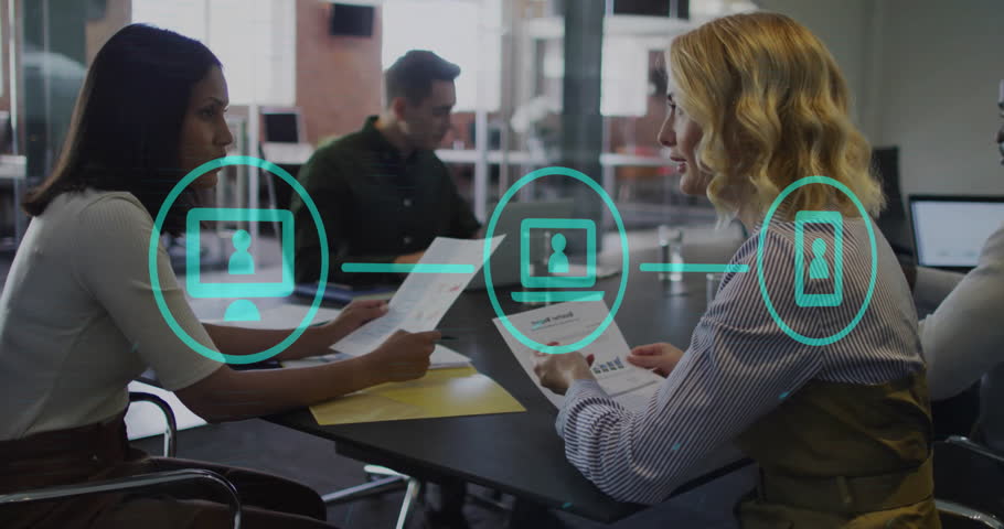 Interviewer tapping resume in business interview while animated device icons linking workflow. Professional, collaboration, digital, modern, corporate, networking, communication