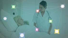 Female nurse entering to address patient for monitoring vitals while transparent data icons pulsing. Medical, healthcare, digital, technology, diagnostics, patientcare, clinical - Powered by Shutterstock - Get 15% off with code: PIKWIZARD15