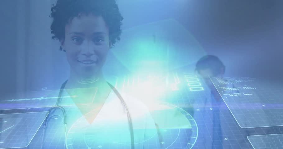 Swirling burst creating medical UI, woman doctor engaging UI, male doctor reviewing data. Hologram, futurism, healthcare, technology, collaboration, diagnostics, innovation