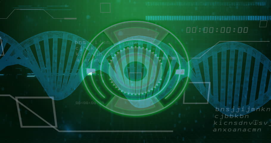 Background turning green starting HUD emergence, ring rotating and code scrolling for DNA analysis. Biotechnology, data visualization, futuristic, synthetic, innovation, digital interface, science