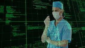Surgeon raising finger scrolling green grid, tapping mask strap, studying holographic medical info. Technology, innovation, digital, futuristic, healthcare, analytics, data visualization - Powered by Shutterstock - Get 15% off with code: PIKWIZARD15