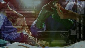 Surgical team extending scalpel and holding forceps while digital overlay tracking incision metrics. Medical, precision, teamwork, innovation, clinical, modern, healthcare - Powered by Shutterstock - Get 15% off with code: PIKWIZARD15