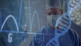Surgeon responding to waveform shifts and monitoring genetic data on hologram DNA helix in hospital. Futuristic, innovation, medicine, technology, healthcare, precision, analysis - Powered by Shutterstock - Get 15% off with code: PIKWIZARD15